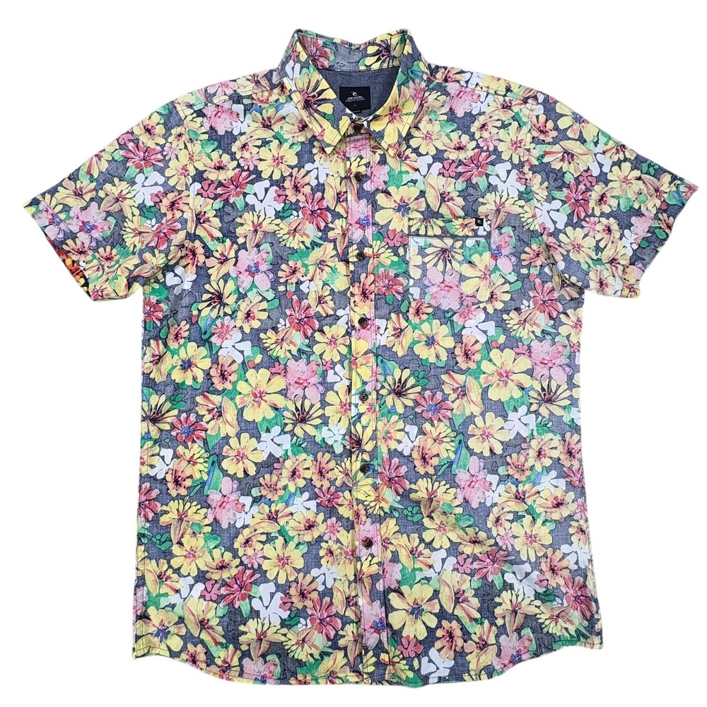 Rip Curl Hawaiian Shirt Mens L Multicolor Floral Cotton Stretch Short Sleeve